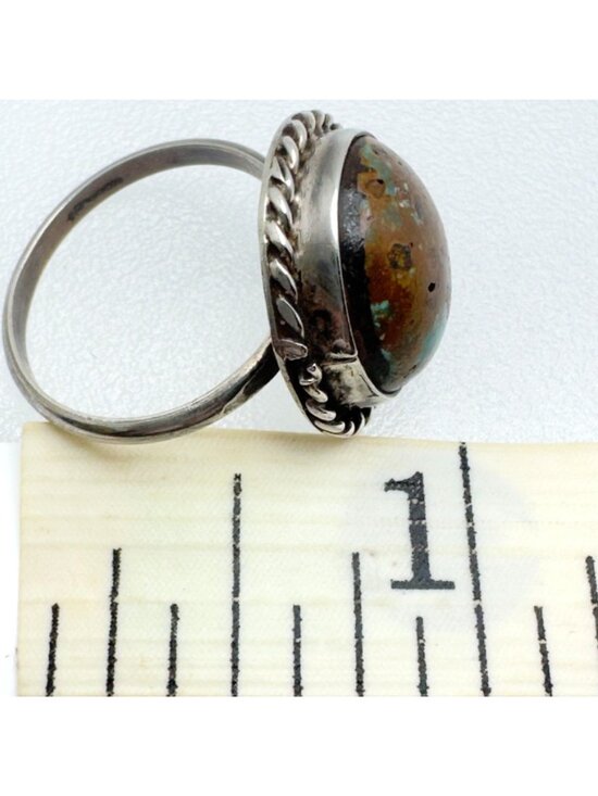 Sterling Silver Ring Turquoise Cabochon Twisted Rope Size 8 Artisan-Made Vintage - Picture 7 of 10